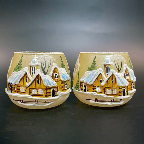 Annín Glassworks Hand Painted Glass Votive Candle Holders Czech 3.5" x 3" - Picture 1 of 5